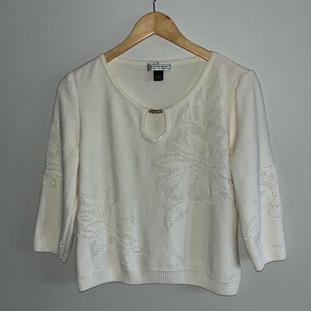 St John Sport Wool Blend Half Sleeve Ivory Sweater